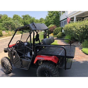 Extended Lead Time! Honda Pioneer 500 CUSTOM REAR WELDED FLIP SEAT ASSEMBLY-USA -Raw Metal-Includes Grizzly's Amazing Heat Shield, Black Cushion Set; 13 GA Exp. Sheet Metal; Cargo Area-INSTANT TRANSFORMATION!-Options: Seat Belts, 2" Receiver, Grab Bar