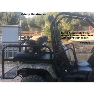 Extended Lead Time! Honda Pioneer 500 CUSTOM REAR WELDED FLIP SEAT ASSEMBLY-USA -Raw Metal-Includes Grizzly's Amazing Heat Shield, Black Cushion Set; 13 GA Exp. Sheet Metal; Cargo Area-INSTANT TRANSFORMATION!-Options: Seat Belts, 2" Receiver, Grab Bar