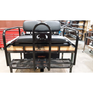 Honda Pioneer 500 CUSTOM REAR WELDED FLIP SEAT ASSEMBLY-USA High Quality;Raw Metal-Includes Grizzly's Amazing Heat Shield, Black Cushion Set; 13 GA Exp. Sheet Metal; Cargo Area-INSTANTLY TRANSFORMS YOUR PIONEER-Options: Seat Belts, 2" Receiver, Grab Bar