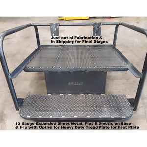 UNIVERSAL SIDE X SIDE REAR WELDED FLIP SEAT-w/Heat Shield; Creates Cargo Area Behind Seat. Fits STOCK REAR BED UTVs- Raw Metal, 2 sizes - MEDIUM & LARGE ONLY- Polaris Ranger XP 1000, John Deere Gator,  13 GA Exp. Sheet or 14 GA Solid Metal - OPTIONS