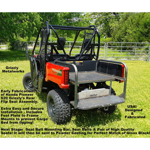 Honda Pioneer 520 REAR WELDED FLIP SEAT-Raw Metal-Includes High Quality Bucket Seats; 13 GA Exp. Sheet or 14 GA Solid Metal; Cargo Area-INSTANT TRANSFORM TO YOUR 520 to an AMAZING 4 PASSENGER SIDE X SIDE-Many Options! (cushion pattern color may vary)