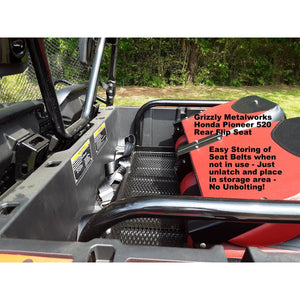 Honda Pioneer 520 REAR WELDED FLIP SEAT-Raw Metal-Includes High Quality Bucket Seats; 13 GA Exp. Sheet or 14 GA Solid Metal; Cargo Area-INSTANT TRANSFORM TO YOUR 520 to an AMAZING 4 PASSENGER SIDE X SIDE-Many Options! (cushion pattern color may vary)