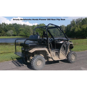 Honda Pioneer 500 CUSTOM REAR WELDED FLIP SEAT ASSEMBLY-USA High Quality;Raw Metal-Includes Grizzly's Amazing Heat Shield, Black Cushion Set; 13 GA Exp. Sheet Metal; Cargo Area-INSTANTLY TRANSFORMS YOUR PIONEER-Options: Seat Belts, 2" Receiver, Grab Bar