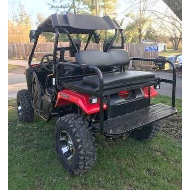 Honda Pioneer 500 CUSTOM REAR WELDED FLIP SEAT ASSEMBLY-USA High Quality;Raw Metal-Includes Grizzly's Amazing Heat Shield, Black Cushion Set; 13 GA Exp. Sheet Metal; Cargo Area-INSTANTLY TRANSFORMS YOUR PIONEER-Options: Seat Belts, 2